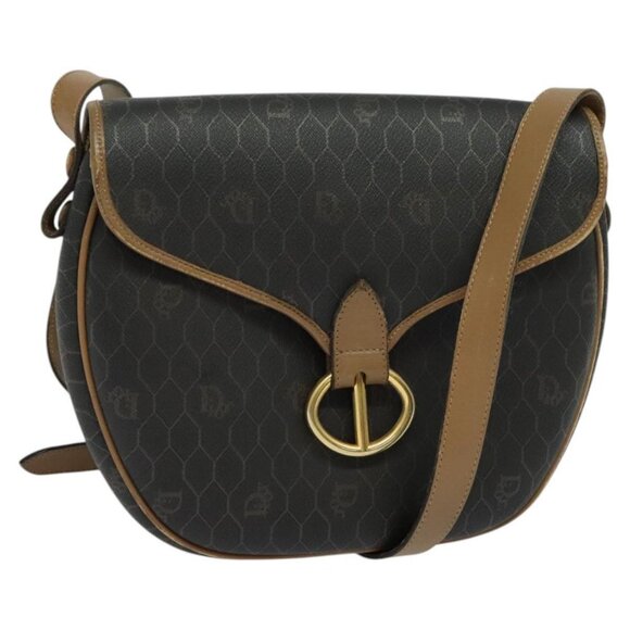 Christian Dior Honeycomb Canvas Shoulder Bag PVC Leather Black Brown Auth BA497 - Picture 1 of 16